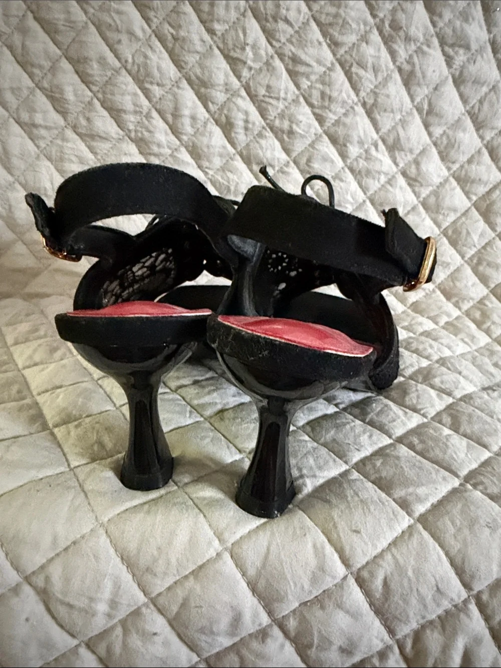 Black Lace Slingback Heels with Red Insole